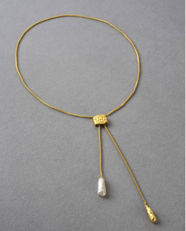 Minimal Gold Pearl Lariat Necklace
