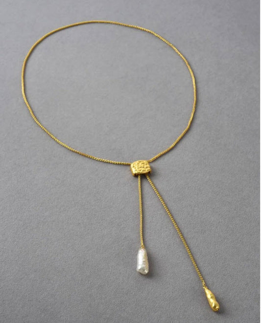 Minimal Gold Pearl Lariat Necklace