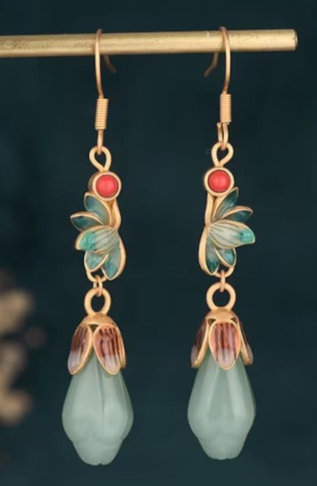 Jade with Red Coral Earrings - 1